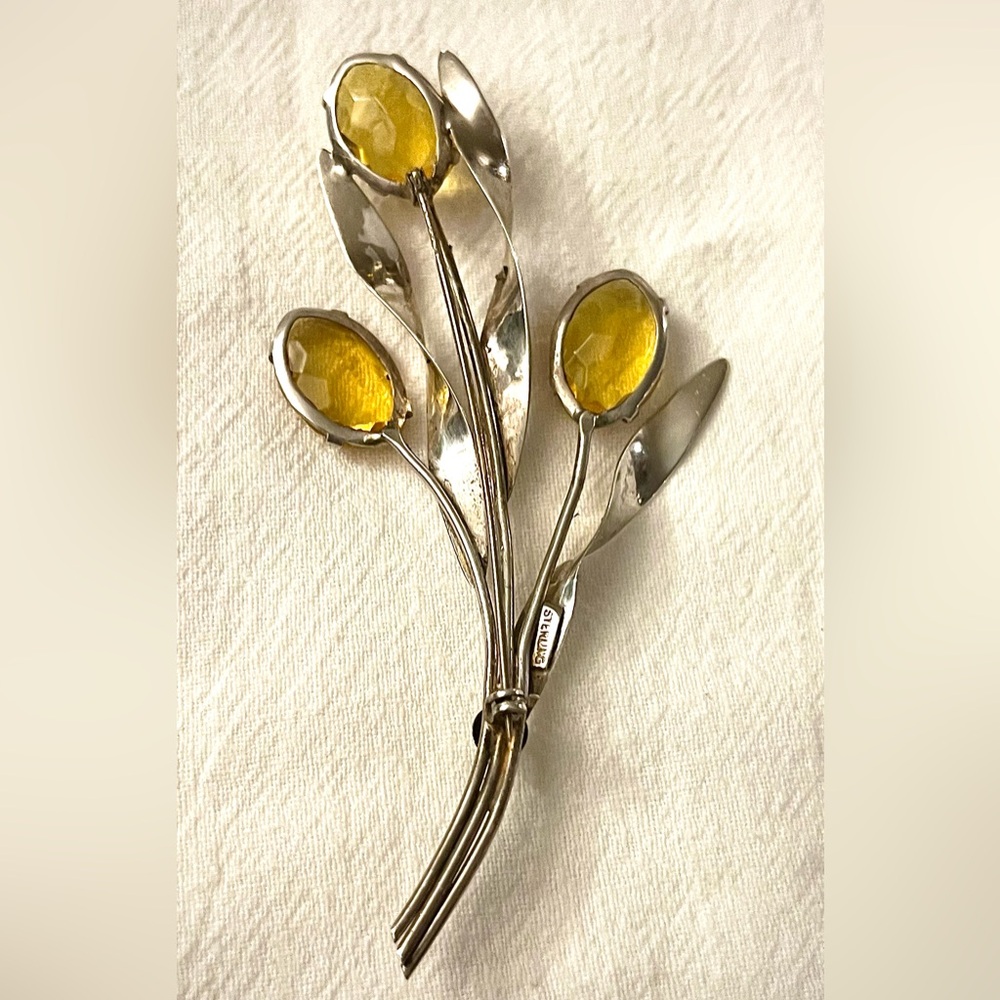Vintage Sterling Silver Amber Glass Floral Brooch 1940s Retro 4” Pin